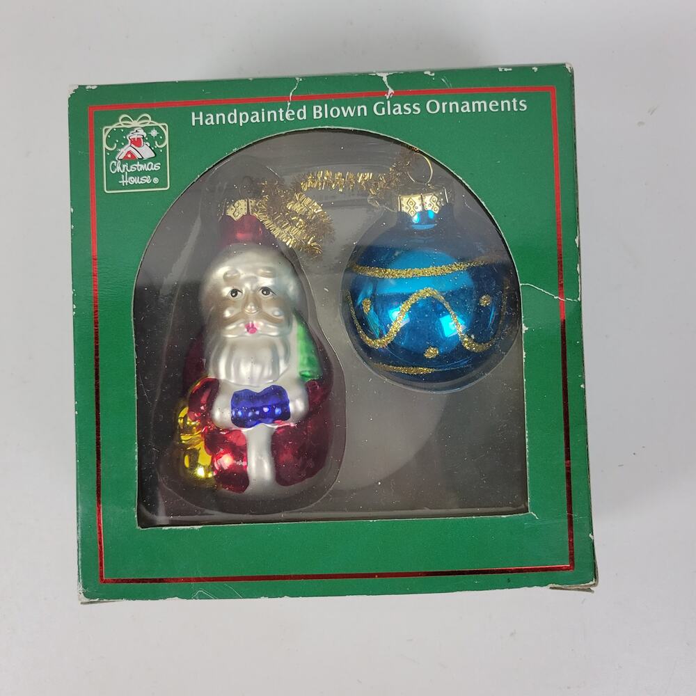 Vintage Christmas House Blue Ball Red Santa Hand painted Blown Glass Ornaments